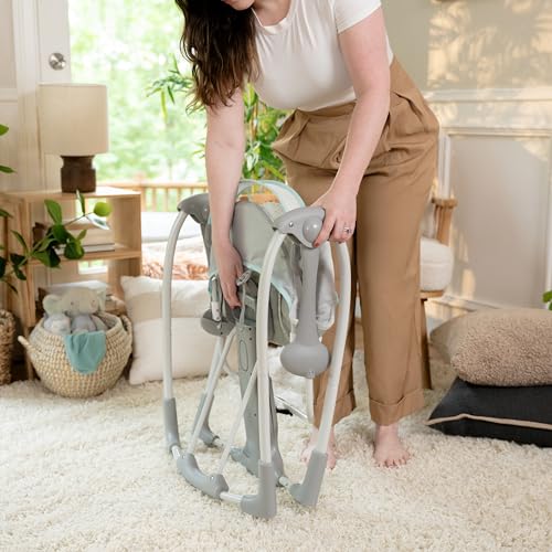 Ingenuity Hugs & Hoots zusammenklappbare & tragbare Babyschaukel, 5 Schaukelgeschwindigkeiten, 8 Melodien, 3 Naturgeräusche, Lautstärkeregulierung und Spielzeugbügel, ab der Geburt bis 9kg