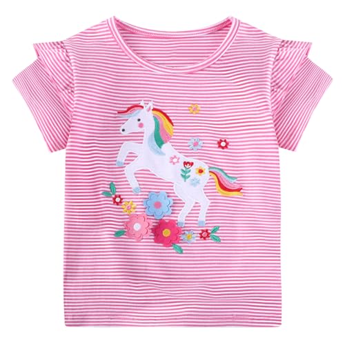 JinBei Mädchen T-Shirts Baumwolle Kinder Kurzarm Oberteile Rundhals Tops Shirts Atmungsaktiven Sommer Kleidung Niedlichen Mustern Sportshirt Casual Rosa und Weiß Streifen 2-7 Jahre, GR. 92-122