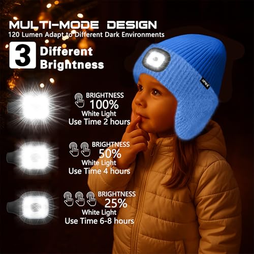 ATNKE Kinder LED Beleuchtete Ohrenklappen Mütze mit Licht,USB Wiederaufladbare 4 LED Laufmütze Stirnlampe Winter Warm Fleece Gefüttert Strick Mütze Geschenke für Jungen und Mädchen