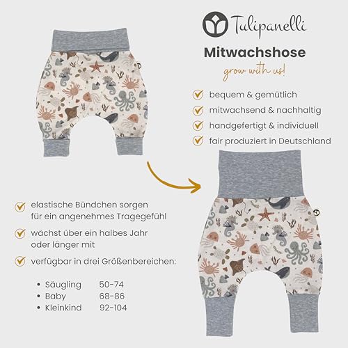 Handmade Baby Baggy Trousers, Handmade Cotton Jersey Grows with Your Gown, Sizes 50-74, 68-86, 92-104, Fairly Produced in Germany (Sea Creatures, 50-74)
