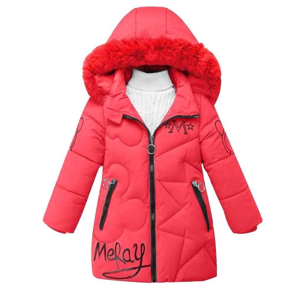 linboo Girls' Winter Jacket with Removable Fur Hood Warm Long Coat Children's Parka Outdoor Jacket with Letters and Cute Patterns