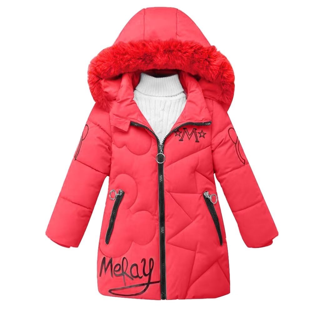 linboo Girls' Winter Jacket with Removable Fur Hood Warm Long Coat Children's Parka Outdoor Jacket with Letters and Cute Patterns