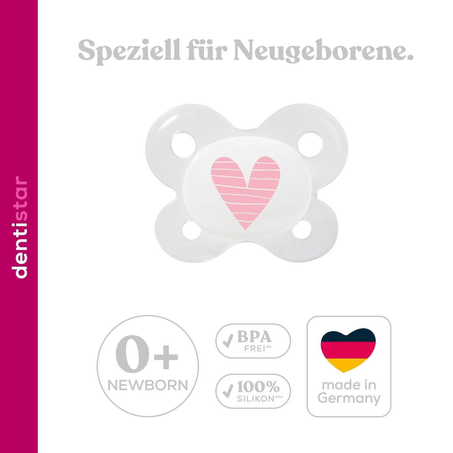 Dentistar® Silikon Schnuller 2er-Set – Größe 0 für 0-2 Monate – Zahnfreundlicher & kiefergerechter Silikonschnuller mit Dental-Stufe – Beige mit Herz-Motiv – BPA-frei – Made in Germany