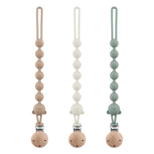 Pack of 3 silicone pacifier chains, pacifier chains for girls and boys with names, suitable for babies, keeps pacifiers clean, soft, flexible, BPA-free, durable and highly robust, almond green and blue.
