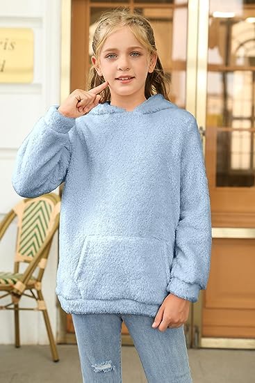 Runcati Girls' Hooded Pullover, Fuzzy Teddy Fleece Sweatshirts with Hood Pockets, Leisure, Warm, Children's Hoodies