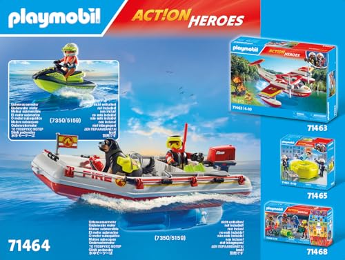 PLAYMOBIL Action Heroes 71464 Fire Boat with Aqua Scooter, Exciting Water Rescue, Includes Diving Goggles, Flippers and Life Jacket, Realistic Toy for Children from 4 Years