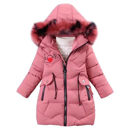 Girls' Winter Jacket Children's Winter Coat Thick Quilted Jacket Long Warm Parka Cotton Jacket Outdoor Coat with Fur Hood and Love Embroidery Print