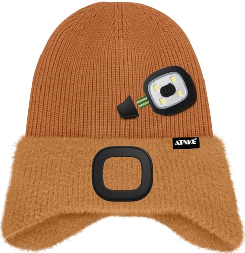 ATNKE Kinder LED Beleuchtete Ohrenklappen Mütze mit Licht,USB Wiederaufladbare 4 LED Laufmütze Stirnlampe Winter Warm Fleece Gefüttert Strick Mütze Geschenke für Jungen und Mädchen