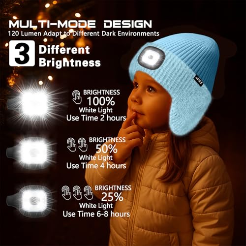ATNKE Kinder LED Beleuchtete Ohrenklappen Mütze mit Licht,USB Wiederaufladbare 4 LED Laufmütze Stirnlampe Winter Warm Fleece Gefüttert Strick Mütze Geschenke für Jungen und Mädchen