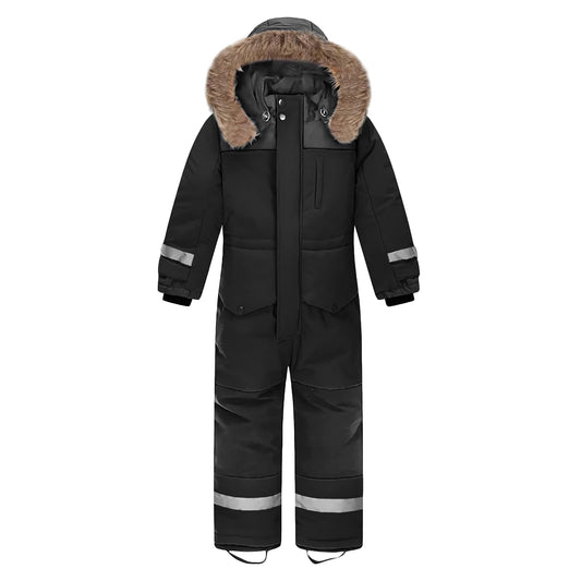 L SERVER Children's Ski Suit Boys with Hood Windproof Waterproof Snow Overall Girls Warm Snowsuit Thicker Ski Overall with Reflective Stripes