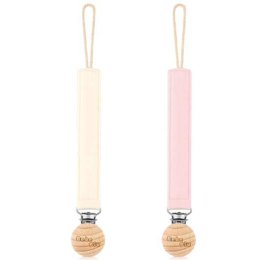 BebeBiu Pacifier Chain, 2-Pack Fabric Pacifier Strap, Extra Soft Fabric Strap with Wooden Clip, Pacifier Chain for Boys, Pacifier Chain for Girls, Pacifier Clip for Newborns (Cream/Blush)