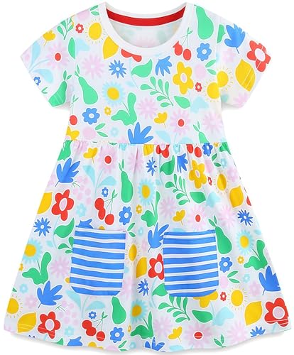 Mädchen Kleider Baumwolle Blumen Knöpfe Streifen Kurzarm T-Shirt Casual Frühling Sommer Kleid für Kinder Größe 92-122, 1-7 Jahre