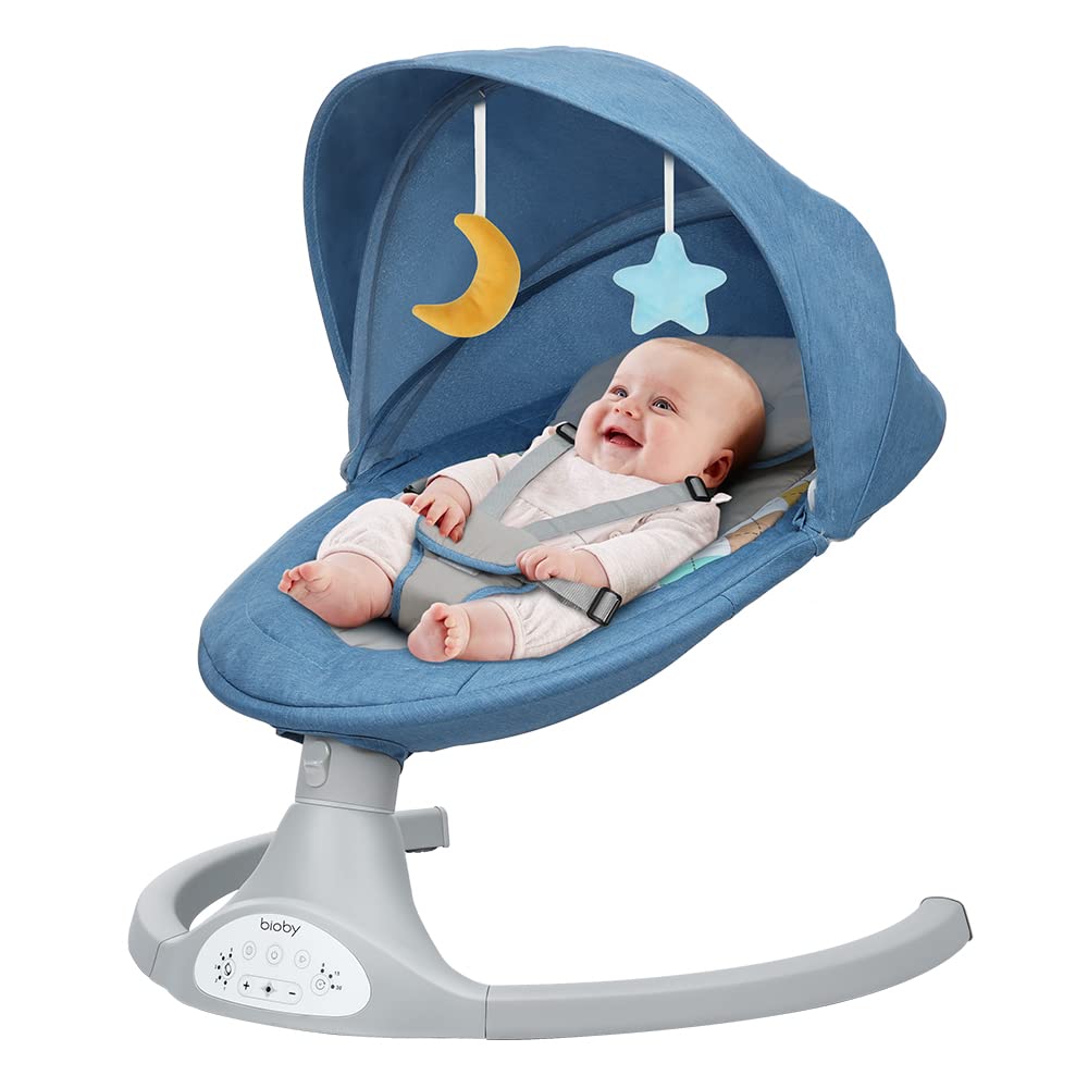 Bioby Elektrische Babywippe | Babyschaukel mit 5-Punkt-Gurt & 5 Schaukelmodi, Leicht & Sicher Wippe Baby Elektronisch mit Bluetooth-Musik & Fernbedienung, für 0-12 Monate (2-9 kg), Grau