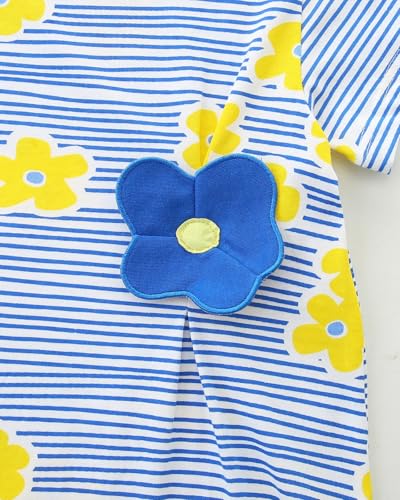 Mädchen Kleider Baumwolle Blumen Knöpfe Streifen Kurzarm T-Shirt Casual Frühling Sommer Kleid für Kinder Größe 92-122, 1-7 Jahre