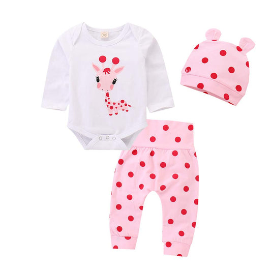 Juflam Newborn Baby Girl Clothes Giraffe Romper+Pink Dot Pants+Hat 3Pcs Clothing Sets