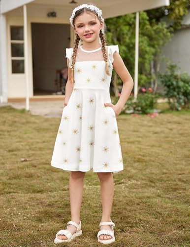 Arshiner Girls Dress Summer Dress Ruffle Short Sleeve Mesh A Line Casual Party Dresses with Pockets Kids Dresses for 6-13 Years