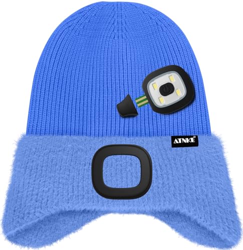 ATNKE Kinder LED Beleuchtete Ohrenklappen Mütze mit Licht,USB Wiederaufladbare 4 LED Laufmütze Stirnlampe Winter Warm Fleece Gefüttert Strick Mütze Geschenke für Jungen und Mädchen