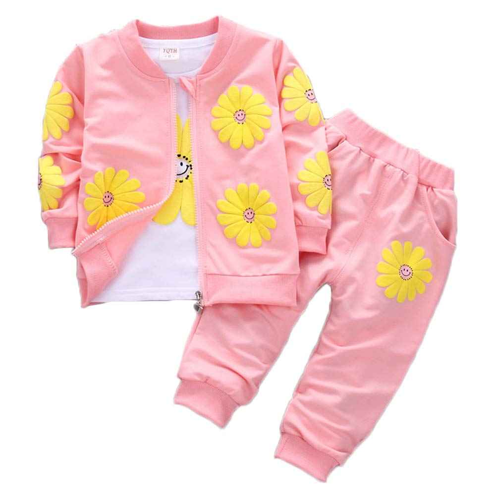 Yao 1-5 Years Toddler & Little Girls Floral Print 3-Piece Sets Zip Jacket Long Sleeve Crew Neck T-Shirt and Trousers