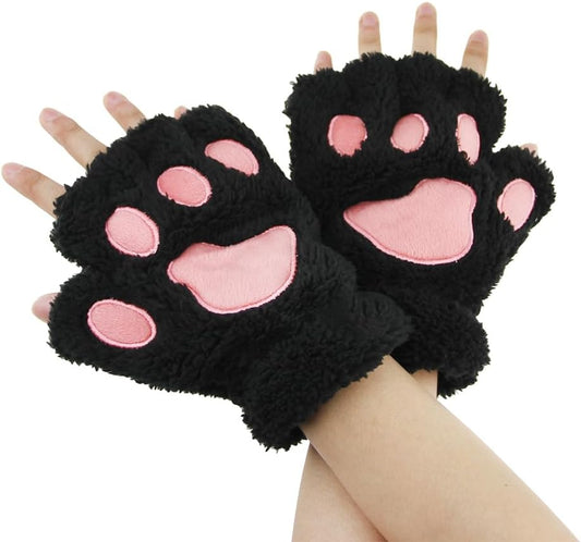 AfinderDE Half Gloves Fingerless Gloves Women Girls Plush Half Thick Warm Finger Gloves Cartoon Animal Bear Cat Claws Winter Gloves