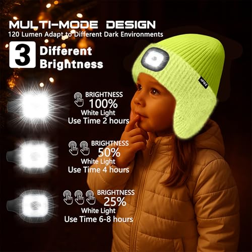 ATNKE Kinder LED Beleuchtete Ohrenklappen Mütze mit Licht,USB Wiederaufladbare 4 LED Laufmütze Stirnlampe Winter Warm Fleece Gefüttert Strick Mütze Geschenke für Jungen und Mädchen
