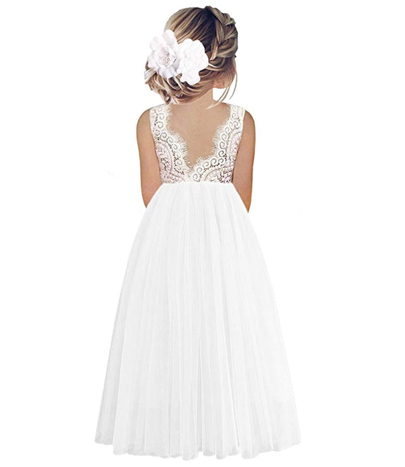 Beganly Mädchen Festtagskleider Spitze V-Rücken Kleid ärmellos Flauschig Tüll Prinzessin Partykleid Blumenmädchen Kleider