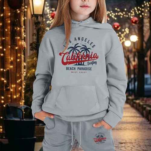 Los Angeles California Herbst-Outfits für Mädchen, 2-teiliges Set mit Kapuze, aktives Kinder-Sweatsuit-Set mit Kapuze, 2025, Sweatshirt mit Kapuze, Sweatpants Set, Winter, lässig, Trainingsanzüge