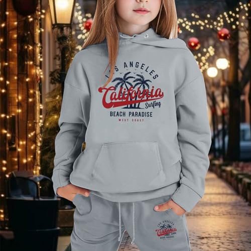 Los Angeles California Herbst-Outfits für Mädchen, 2-teiliges Set mit Kapuze, aktives Kinder-Sweatsuit-Set mit Kapuze, 2025, Sweatshirt mit Kapuze, Sweatpants Set, Winter, lässig, Trainingsanzüge