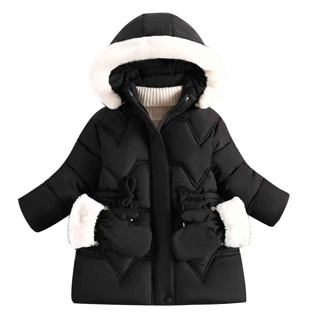 linboo Children's Winter Jacket Girls Jacket Lined Warm Winter Coat Outdoor Hooded Jacket Windproof Parka with Plush Gloves Quilted Jacket