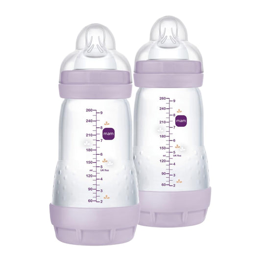 MAM Easy Start Anti-Kolik-Fläschchen, Set mit 2 Babyflaschen für Babys von 2-4 Monaten, 260 ml mit Sauger Fluss 2 für 2+ Monate, aus SkinSoft Silikon, bio-rund, lila - Meloni2