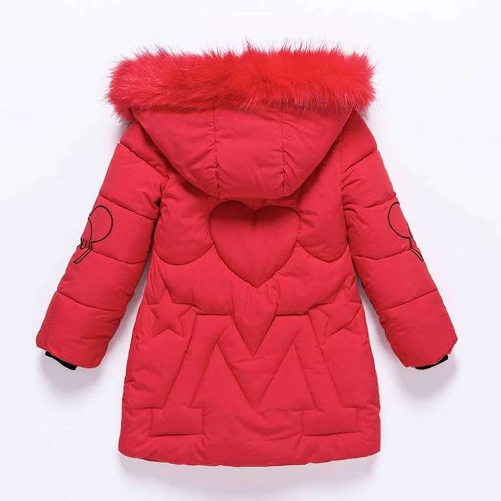 linboo Girls' Winter Jacket with Removable Fur Hood Warm Long Coat Children's Parka Outdoor Jacket with Letters and Cute Patterns