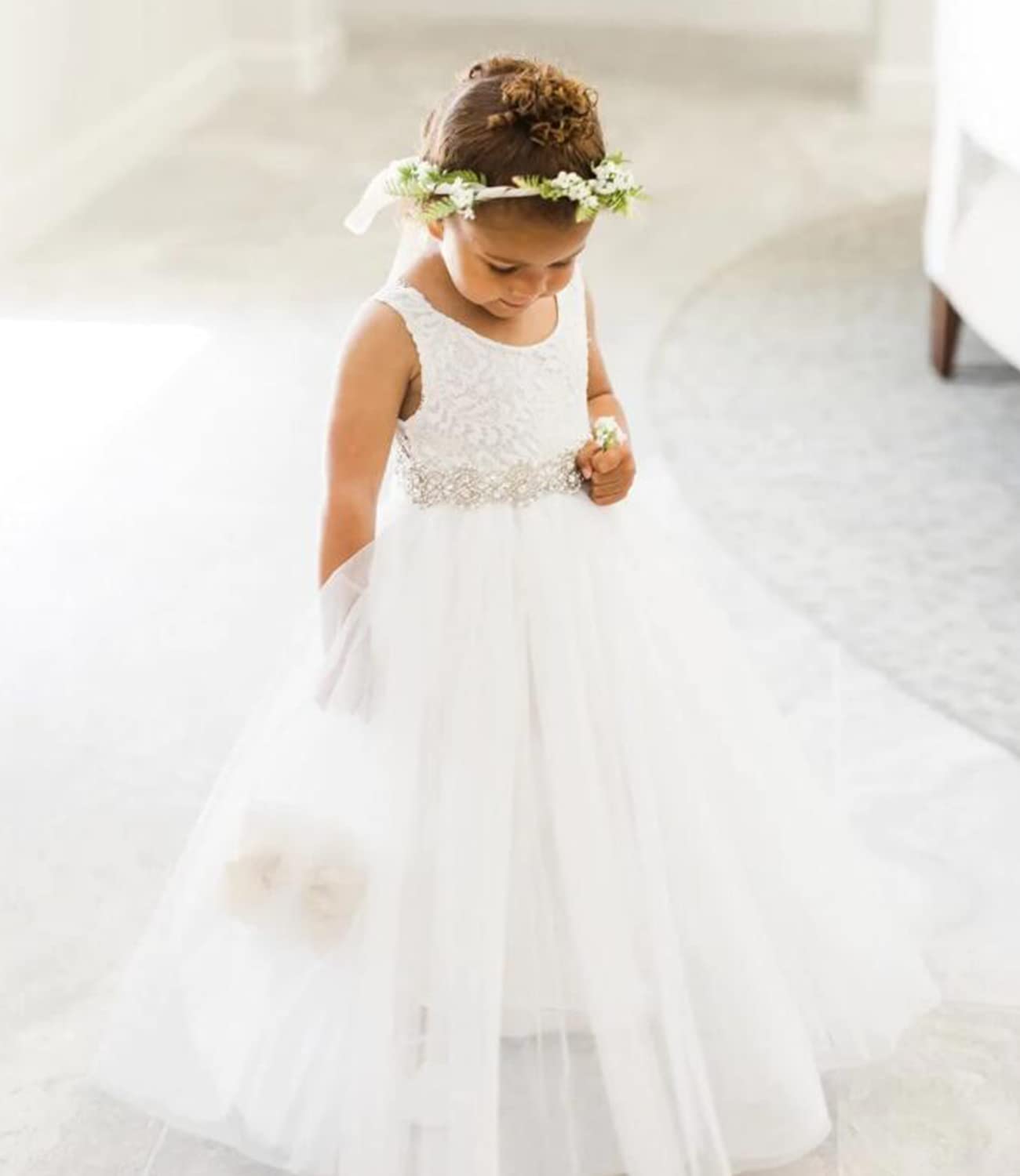 Beganly Mädchen Festtagskleider Spitze V-Rücken Kleid ärmellos Flauschig Tüll Prinzessin Partykleid Blumenmädchen Kleider