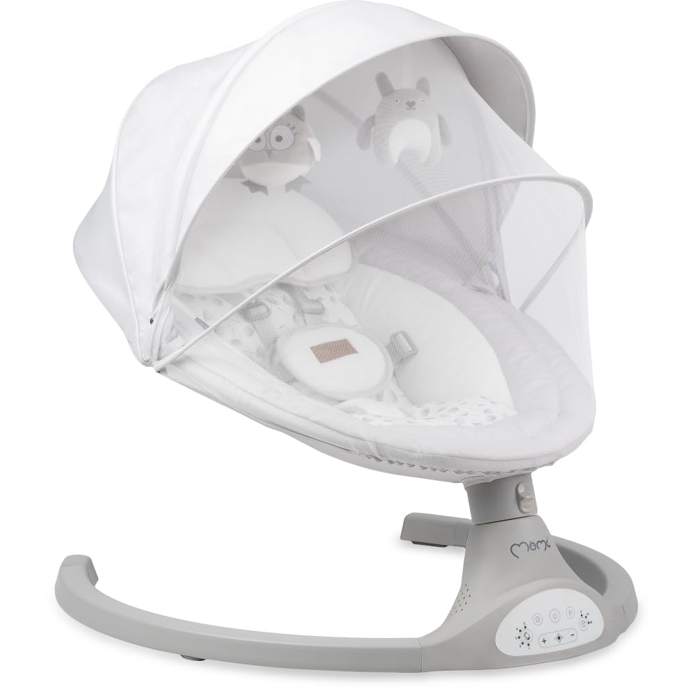 MoMi KENANI baby bouncer for children up to 9 kg, foldable, with remote control & Bluetooth for connecting to a smartphone, battery or power connection, with 5-point safety belt, sun protection, insect net