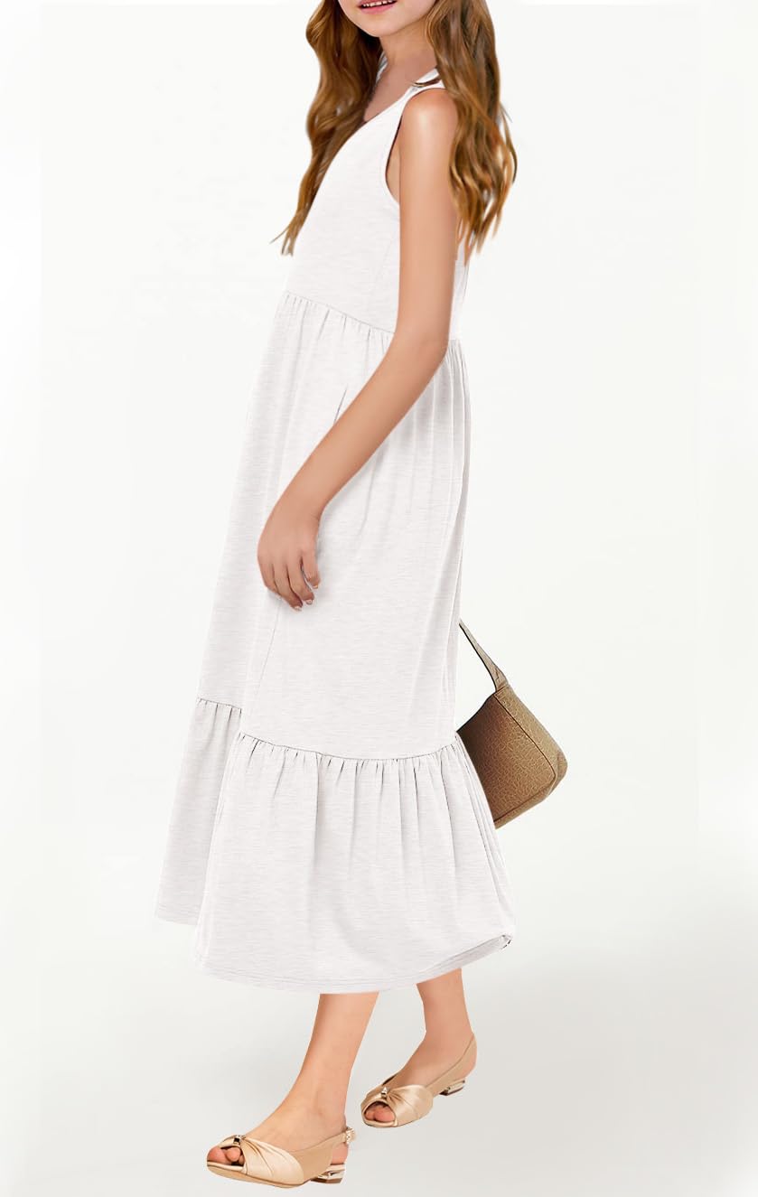 Haloumoning Girls' Dresses Summer Sleeveless Dress Round Neck Tank Top Dress Kids Long Casual Dress Sundress