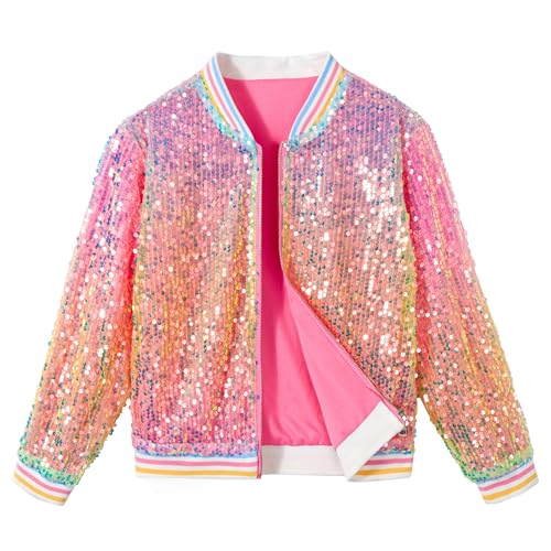 LOLANTA Girls Sequin Bomber Jacket with Pockets Zipper Long Sleeve Glitter Baseball Jackets for Kids 4-13 Years