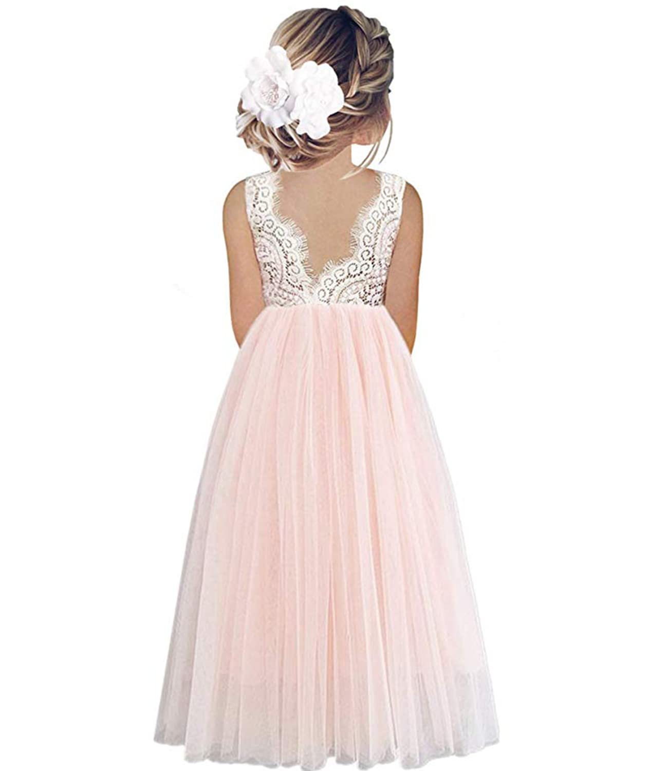 Beganly Mädchen Festtagskleider Spitze V-Rücken Kleid ärmellos Flauschig Tüll Prinzessin Partykleid Blumenmädchen Kleider