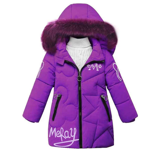 linboo Girls' Winter Jacket with Removable Fur Hood Warm Long Coat Children's Parka Outdoor Jacket with Letters and Cute Patterns