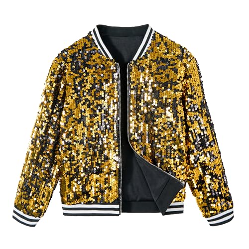 LOLANTA Girls Sequin Bomber Jacket with Pockets Zipper Long Sleeve Glitter Baseball Jackets for Kids 4-13 Years