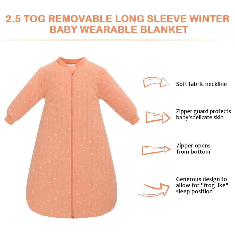 amo nenes Baby Sleeping Bag 2.5 TOG, Baby Autumn Winter Long Sleeve Sleeping Bag, 100% Cotton, Removable Sleeves, Length 72 cm, 0-6 Months (Blue)