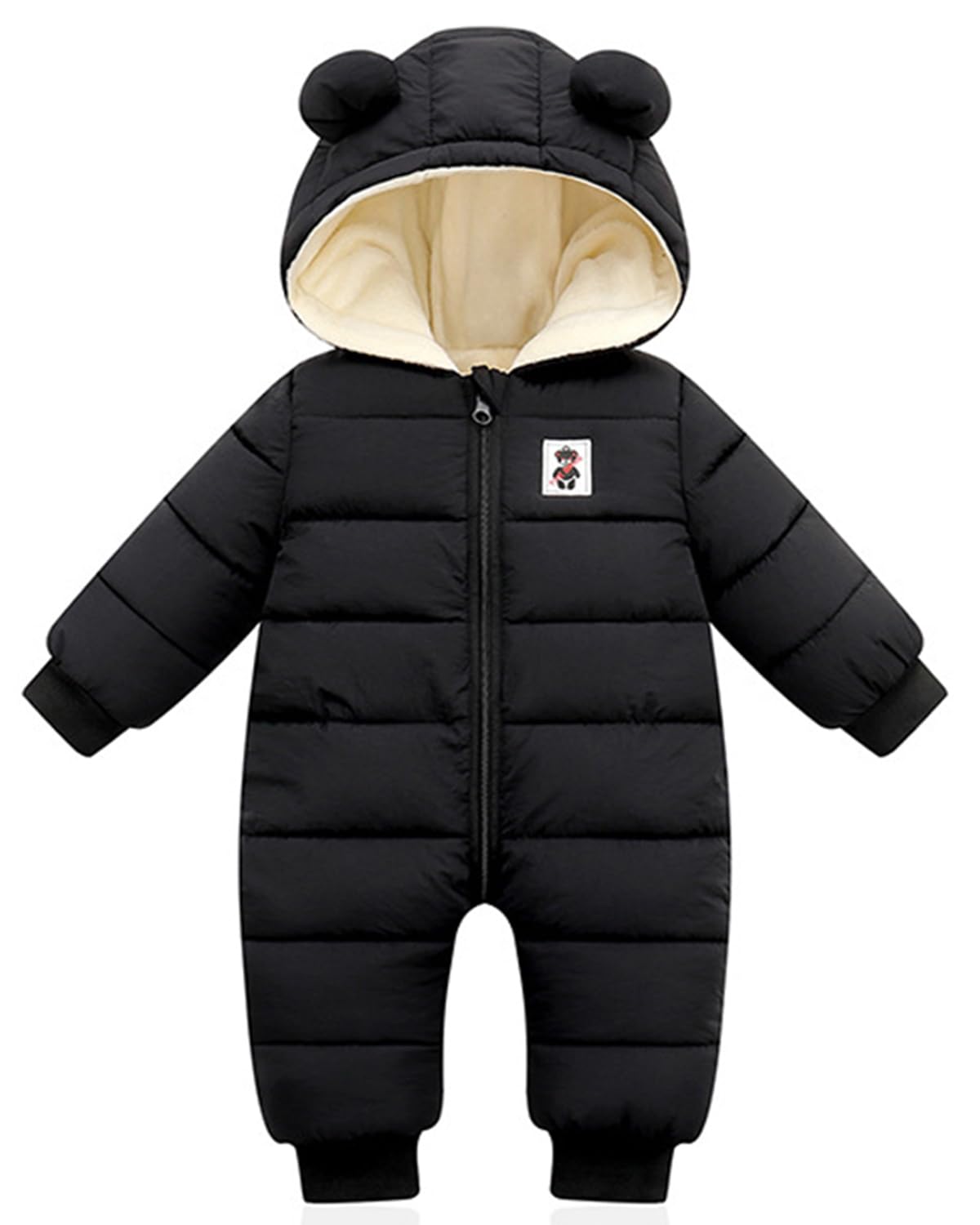 Minizone Baby Winter Jumpsuit with Hood, Romper Snowsuit Boys and Girls, Long-Sleeve Jumpsuit, Warm Outfits, Gift, 6-9 Months, 80 cm, Black