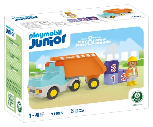 PLAYMOBIL Junior 71685 Dump Truck Sustainable Toy for Children from 1 Year Including Builder and Three Building Blocks