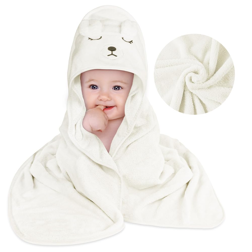 Aolso Hooded Towel Baby, 80 x 80 cm Baby Towel Hood, Baby Wash Cloth, Coral Fleece Baby Towel with Hood for Newborns, Soft and Super Absorbent, Unisex (Grey Elephant)