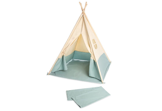 PINOLINO Tipi Zelt für Kinder – Yuma Spielzelt | Indianerzelt mit Fenster, Bodenmatte & Girlande, 120×120×155 cm, schnell montiert, naturweiß/Pastellblau