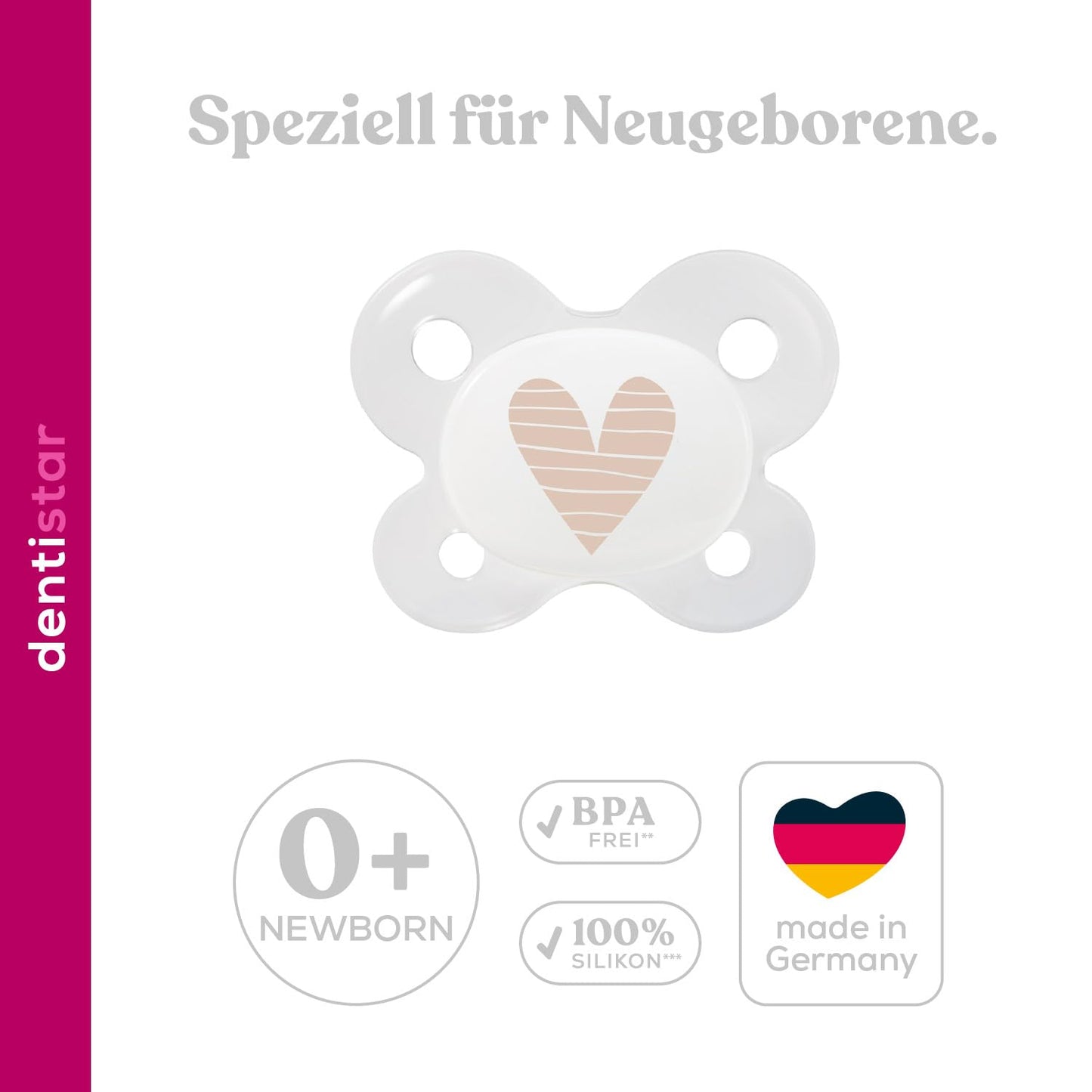 Dentistar® Silikon Schnuller 2er-Set – Größe 0 für 0-2 Monate – Zahnfreundlicher & kiefergerechter Silikonschnuller mit Dental-Stufe – Beige mit Herz-Motiv – BPA-frei – Made in Germany