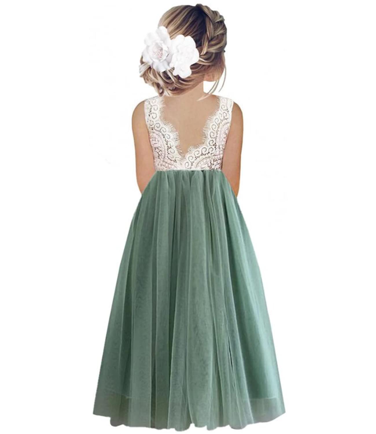 Beganly Mädchen Festtagskleider Spitze V-Rücken Kleid ärmellos Flauschig Tüll Prinzessin Partykleid Blumenmädchen Kleider