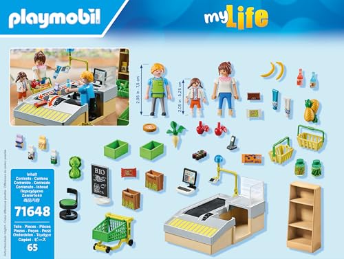 PLAYMOBIL MyLife Promo Pack 71648 Bio-Supermarkt, inklusive Kasse mit Warenlaufband, Einkaufswagen und DREI Figuren, detailreiches Spielzeug für Kinder ab 4 Jahren