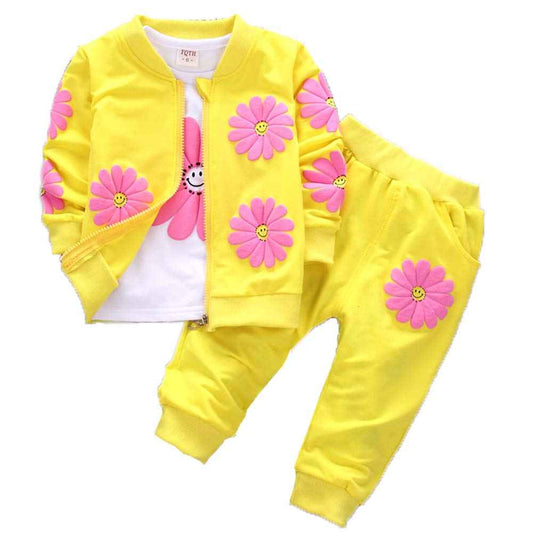 Yao 1-5 Years Toddler & Little Girls Floral Print 3-Piece Sets Zip Jacket Long Sleeve Crew Neck T-Shirt and Trousers