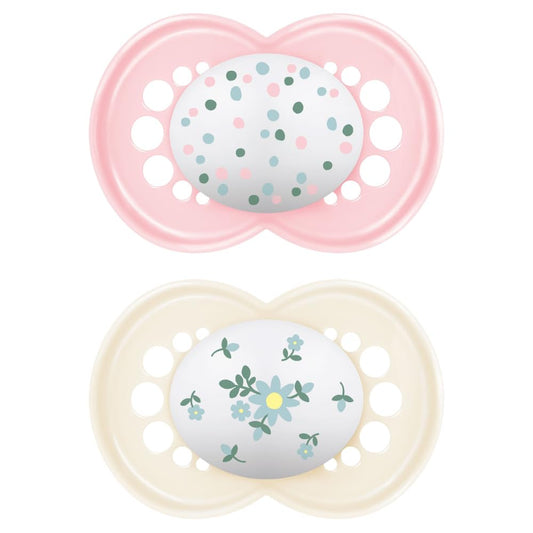 MAM Original Schnuller im 2er Set Schnuller Größe 16+ Monate, Sauger aus SkinSoft Silikon, bio-rund, mit Schnullertasche, rosa