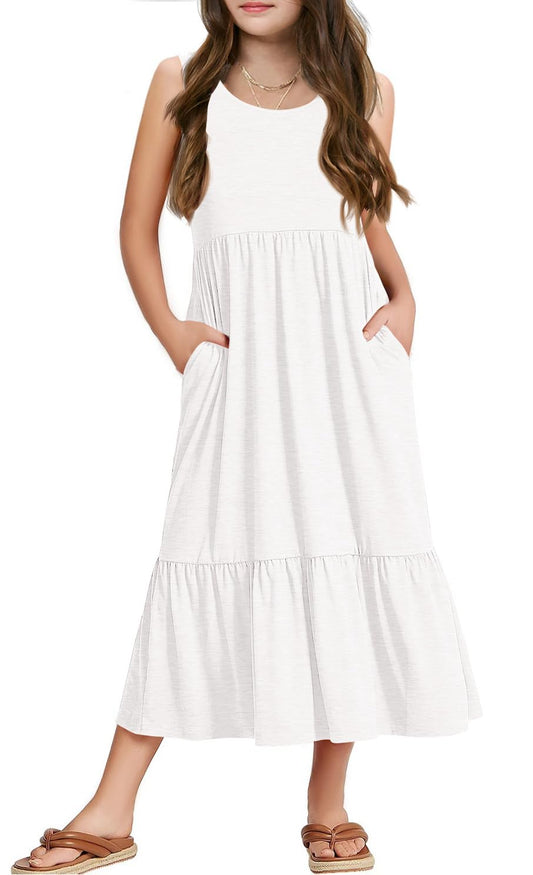 Haloumoning Girls' Dresses Summer Sleeveless Dress Round Neck Tank Top Dress Kids Long Casual Dress Sundress