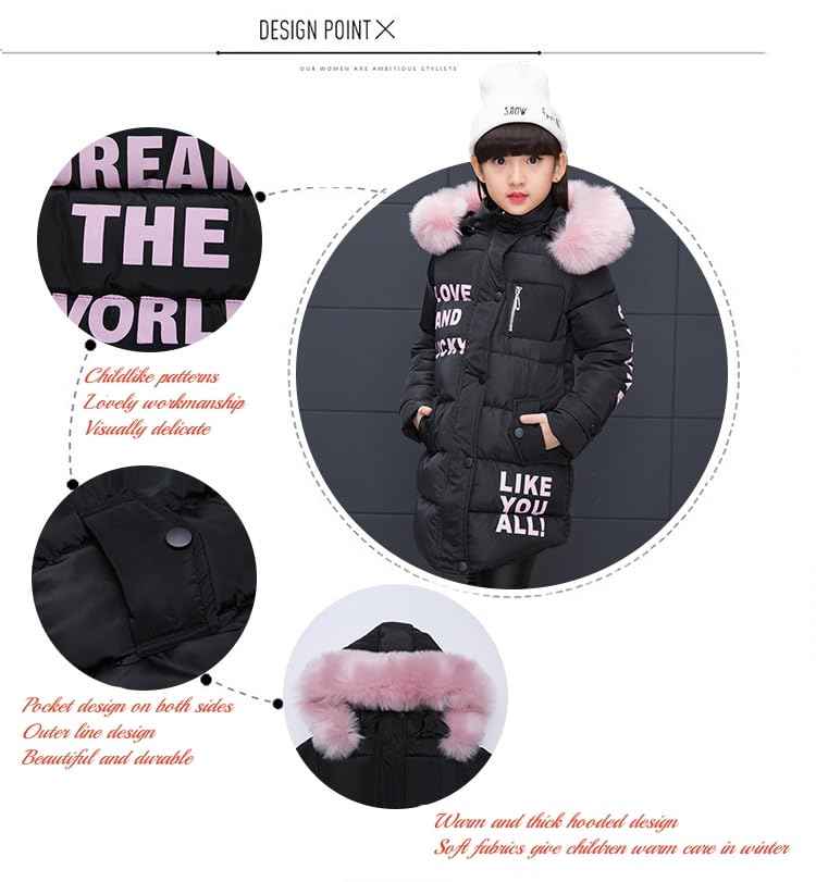 Down Jacket Girls Children's Parka Hooded Jacket Coat Long Jacket Made of Faux Fur Warm Winter