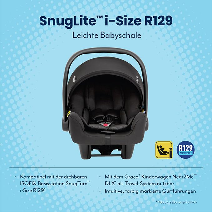 Graco SnugLite™ i-Size R129 Babyschale, ab Geburt bis ca. 12 Monate (40 bis 75 cm), leicht, kompatibel mit ISOFIX-Basisstation SnugTurn™ i-Size R129 (separat), Neugeboreneneinlage, schwarz, Midnight - Meloni2